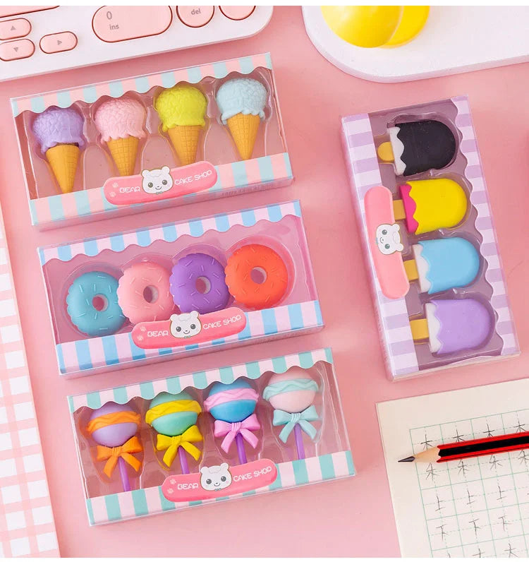 Kawaii Lollipop & Ice Cream Eraser Set – Sweet Cartoon Stationery for Kids, School & Office Supplies
