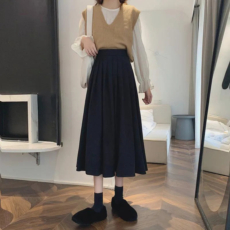 Xpqbb Korean Style Women's Midi Skirt 2025 Autumn High-Waisted Corduroy Long Skirt Women College Style Pleated A-Line Skirts