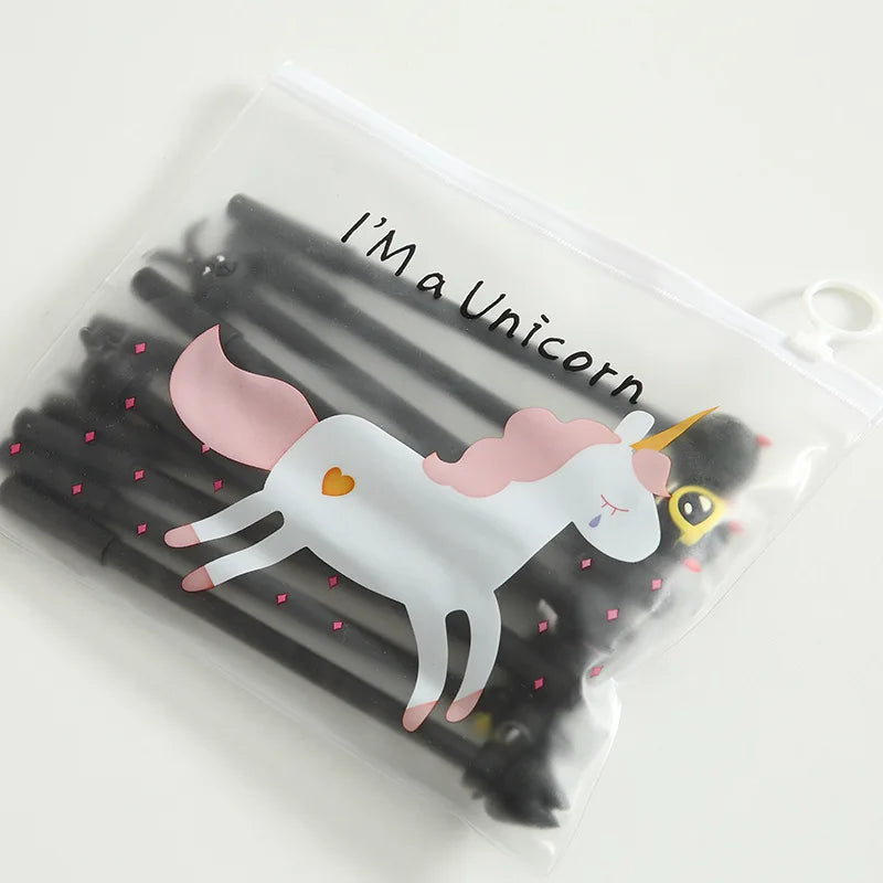 10Pcs / Set Cute Gel Pen Kawaii Random Pattern Unicorn Pony 0.5m Black Gel Ink Pen School Stationery Office Suppliers Gifts