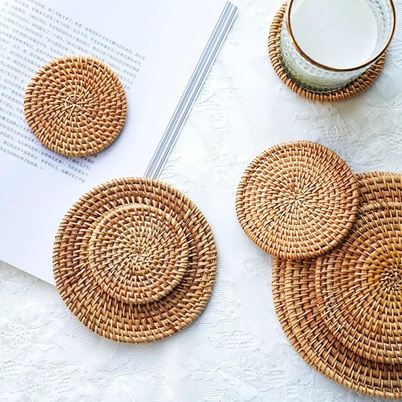 Rattan Table Mats Round  Placemat for Home Office Coffee Cup Pad Handmade Woven Insulation Heat Coasters  Dinner Table Decor