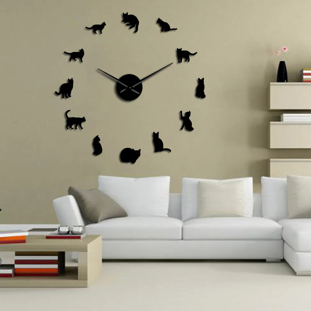 Silhouette Cats Wall Art Kittens DIY Giant Wall Clock Playful Cats Big Needle Kitty Girl Room Large Wall Watch Feline Fan Gift
