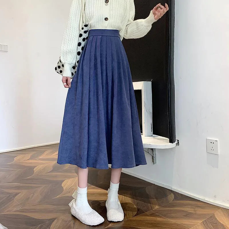 Xpqbb Korean Style Women's Midi Skirt 2025 Autumn High-Waisted Corduroy Long Skirt Women College Style Pleated A-Line Skirts