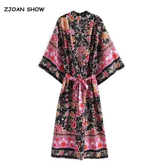 2022 BOHO Orange Flower Print Long Skirt Spliced Ruched Ruffle Hem Hippie Women Ball Tassel Bow Waist Swing Skirts Holiday