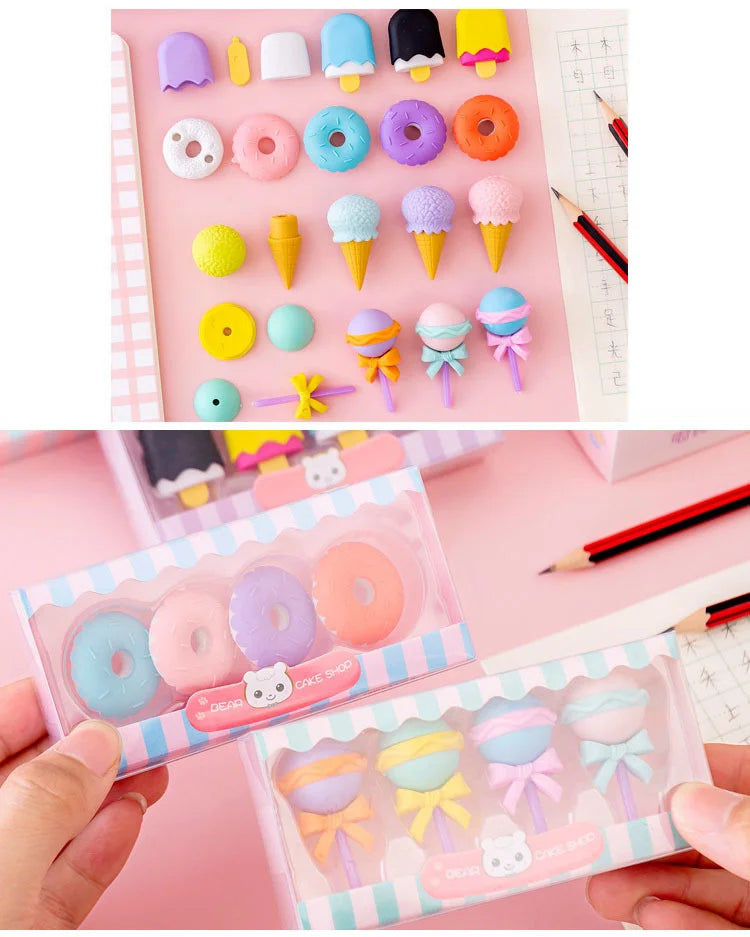 Kawaii Lollipop & Ice Cream Eraser Set – Sweet Cartoon Stationery for Kids, School & Office Supplies