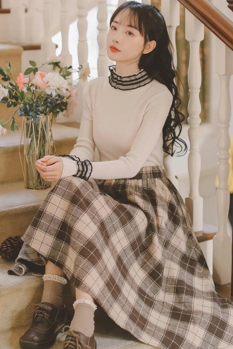 2025 Autumn Winter Elegant Women Skirts Vintage Plaid Woolen Woven High Quality High-waisted Vintage Sweet Female Skirt Woman