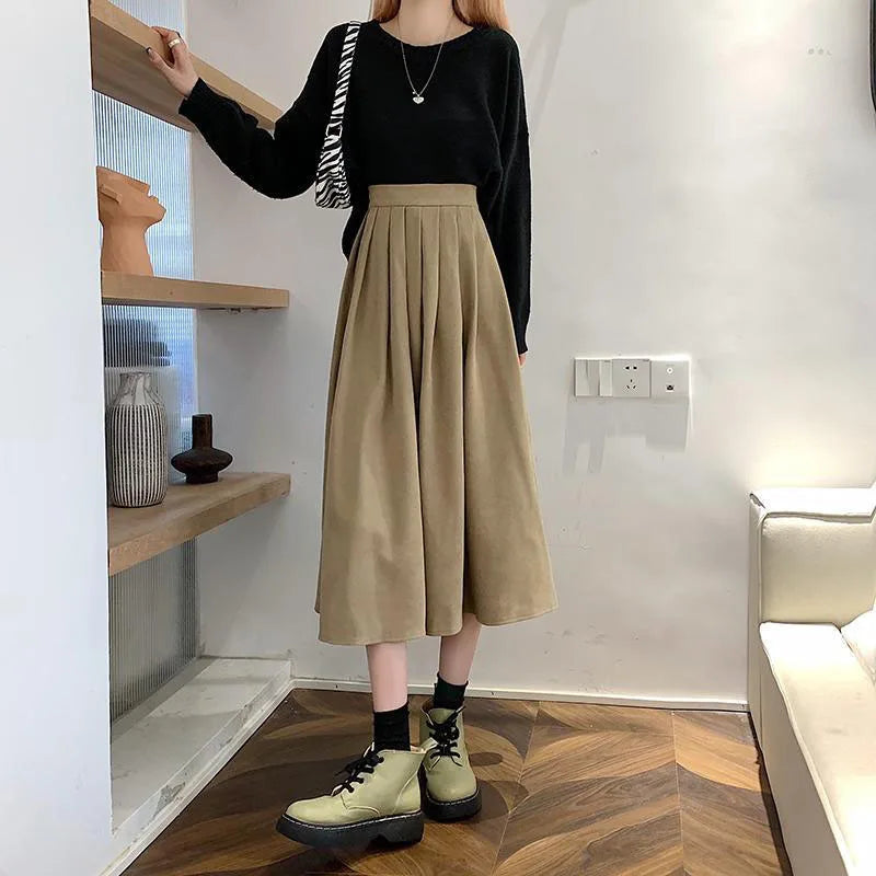 Xpqbb Korean Style Women's Midi Skirt 2025 Autumn High-Waisted Corduroy Long Skirt Women College Style Pleated A-Line Skirts