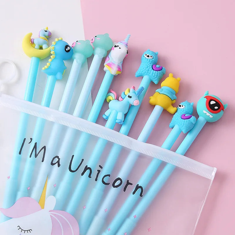 10Pcs / Set Cute Gel Pen Kawaii Random Pattern Unicorn Pony 0.5m Black Gel Ink Pen School Stationery Office Suppliers Gifts