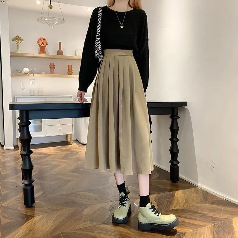 Xpqbb Korean Style Women's Midi Skirt 2025 Autumn High-Waisted Corduroy Long Skirt Women College Style Pleated A-Line Skirts
