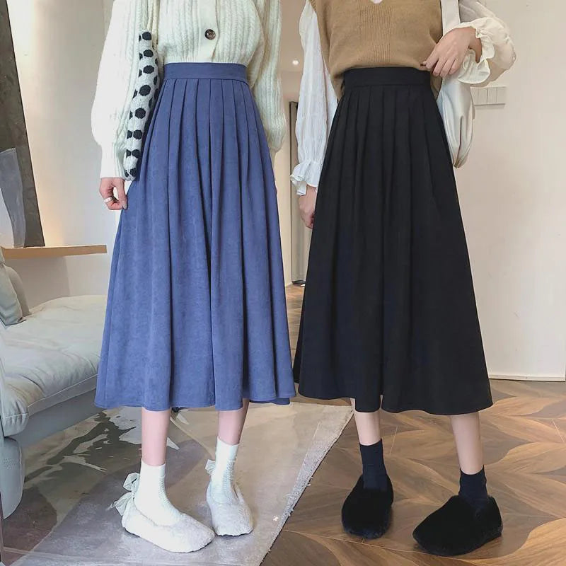 Xpqbb Korean Style Women's Midi Skirt 2025 Autumn High-Waisted Corduroy Long Skirt Women College Style Pleated A-Line Skirts