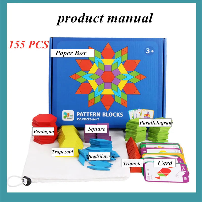 155 Pcs Wooden Pattern Blocks Set Geometric Shape Puzzle Kindergarten Classic Educational Montessori Tangram Toys for Kids