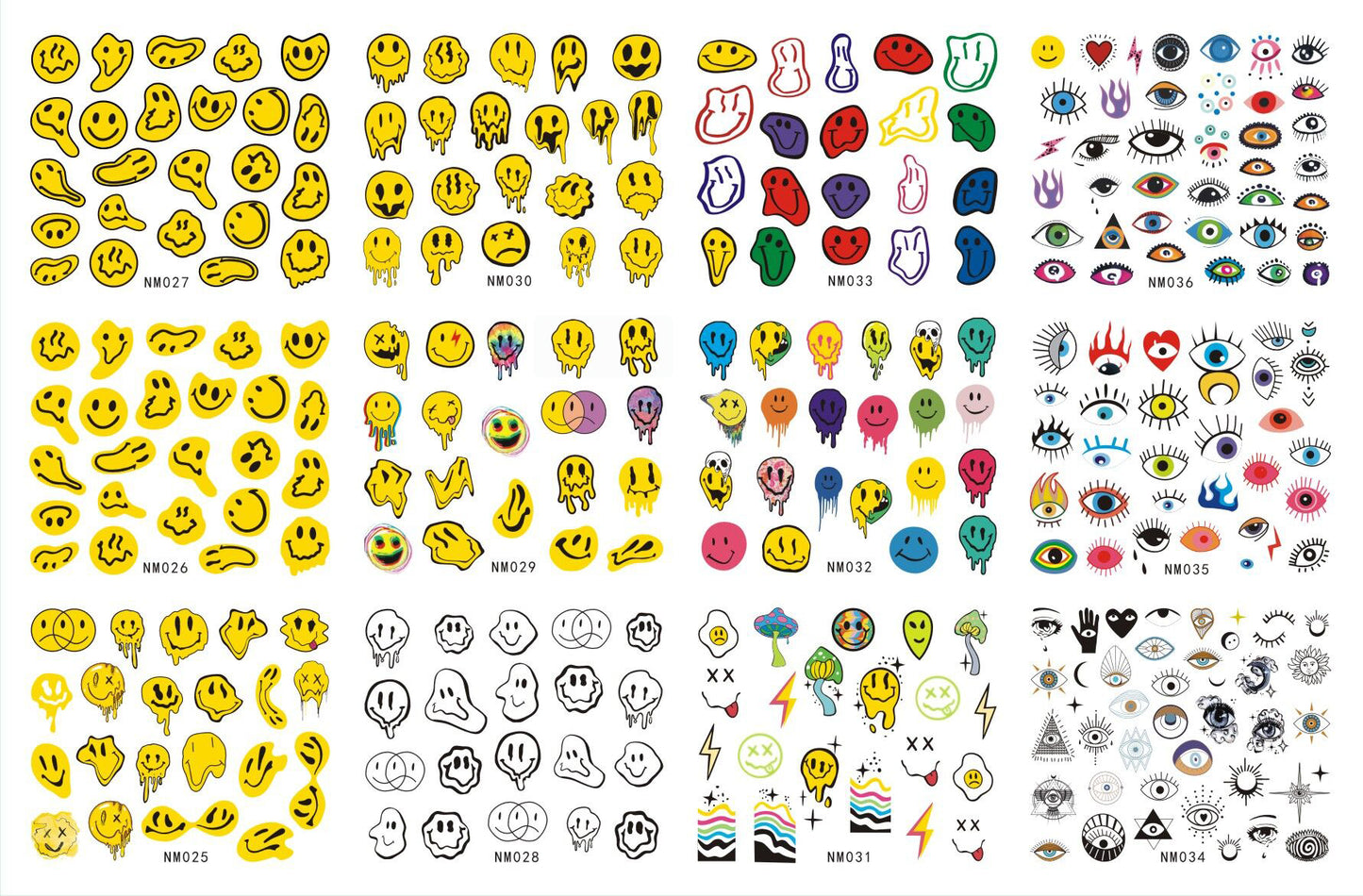 12 patterns Trippy Smile Face Nails Water Decals Mushroom Slider Decals Trippy Nail Art Rainbow Transfer Sticker Decals Eyes