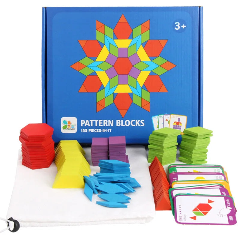 155 Pcs Wooden Pattern Blocks Set Geometric Shape Puzzle Kindergarten Classic Educational Montessori Tangram Toys for Kids