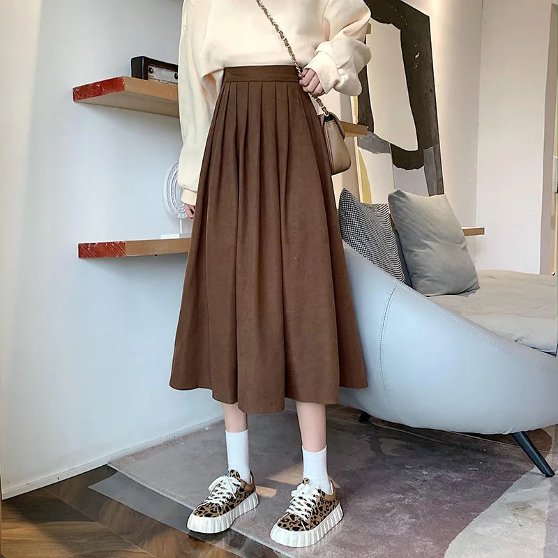 Xpqbb Korean Style Women's Midi Skirt 2025 Autumn High-Waisted Corduroy Long Skirt Women College Style Pleated A-Line Skirts