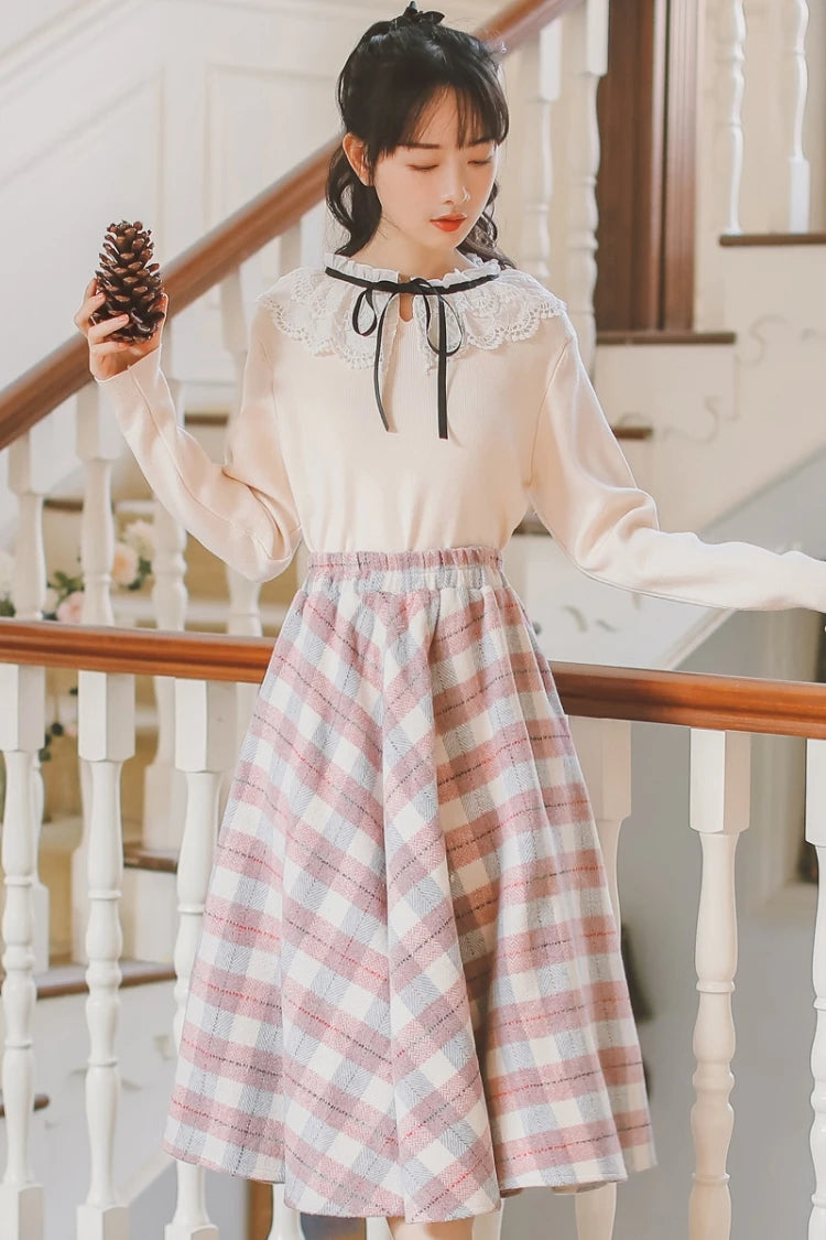 2025 Autumn Winter Elegant Women Skirts Vintage Plaid Woolen Woven High Quality High-waisted Vintage Sweet Female Skirt Woman