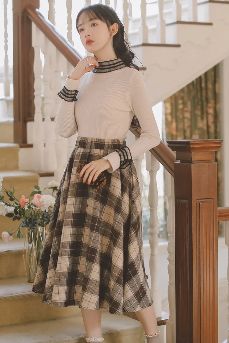 2025 Autumn Winter Elegant Women Skirts Vintage Plaid Woolen Woven High Quality High-waisted Vintage Sweet Female Skirt Woman