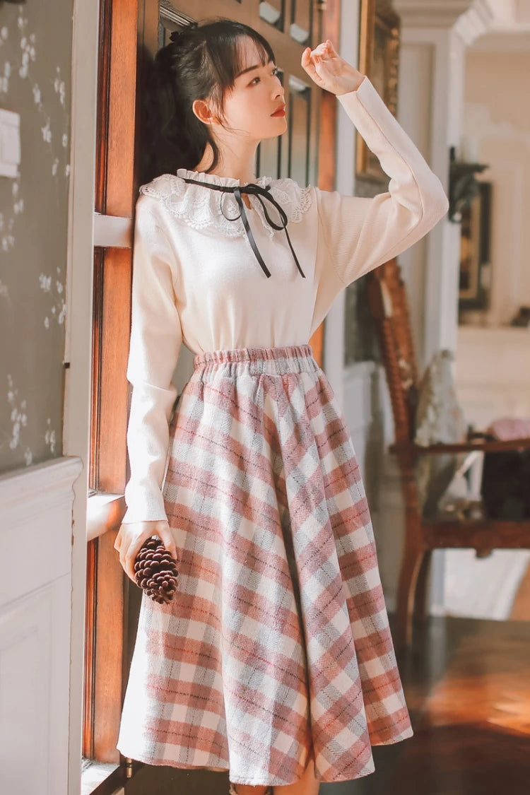 2025 Autumn Winter Elegant Women Skirts Vintage Plaid Woolen Woven High Quality High-waisted Vintage Sweet Female Skirt Woman