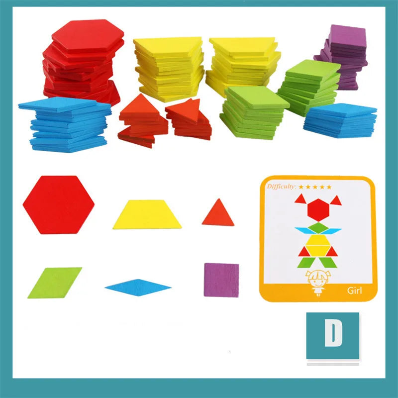 155 Pcs Wooden Pattern Blocks Set Geometric Shape Puzzle Kindergarten Classic Educational Montessori Tangram Toys for Kids