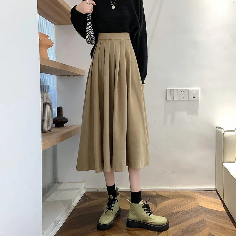 Xpqbb Korean Style Women's Midi Skirt 2025 Autumn High-Waisted Corduroy Long Skirt Women College Style Pleated A-Line Skirts