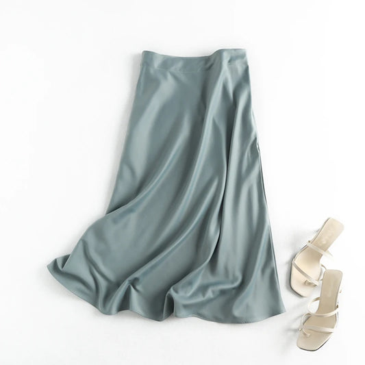 Summer Faldas Mujer Moda 2025 Midi Skirts Womens England Office Lady Satin High Waist Simple Elegant Long Skirt Women
