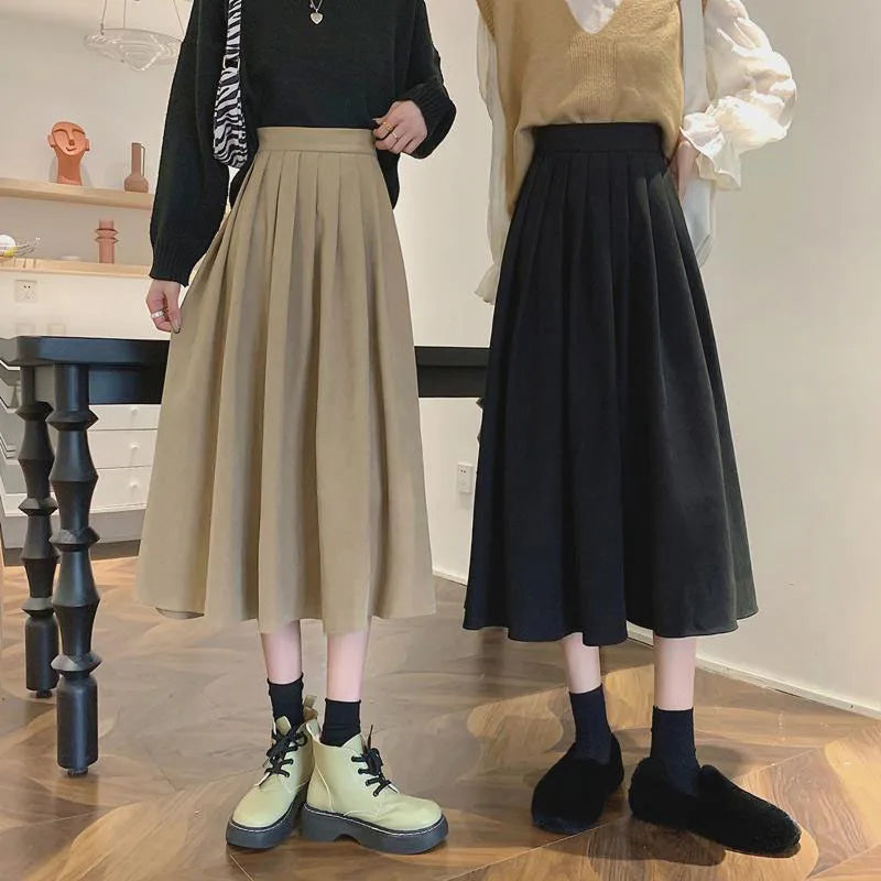 Xpqbb Korean Style Women's Midi Skirt 2025 Autumn High-Waisted Corduroy Long Skirt Women College Style Pleated A-Line Skirts