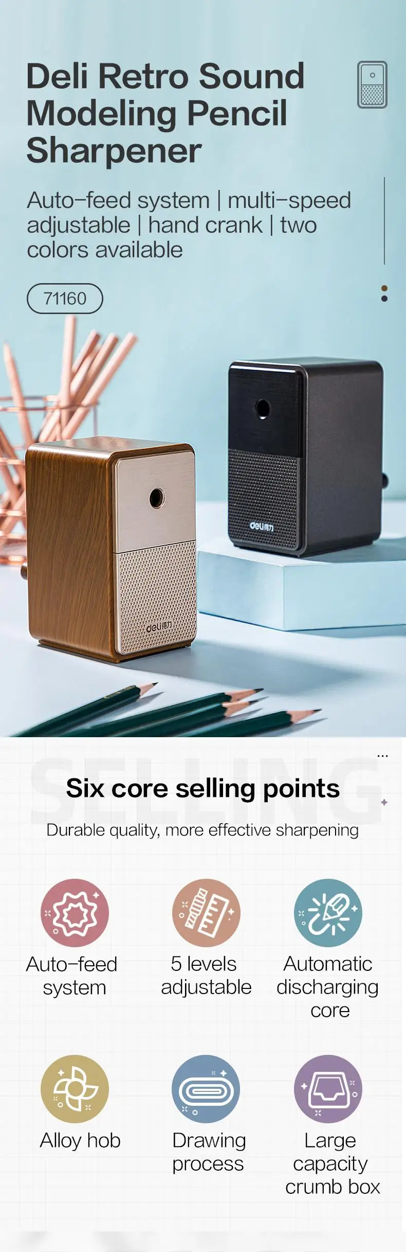 DELI Adjustable Pencil Sharpener – Hand Crank Table Machine with Long-Lasting Blade for School, Office & Art Supplies