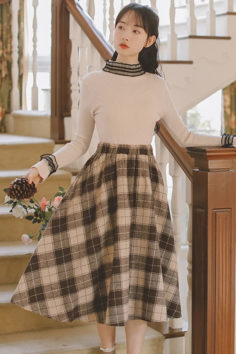 2025 Autumn Winter Elegant Women Skirts Vintage Plaid Woolen Woven High Quality High-waisted Vintage Sweet Female Skirt Woman