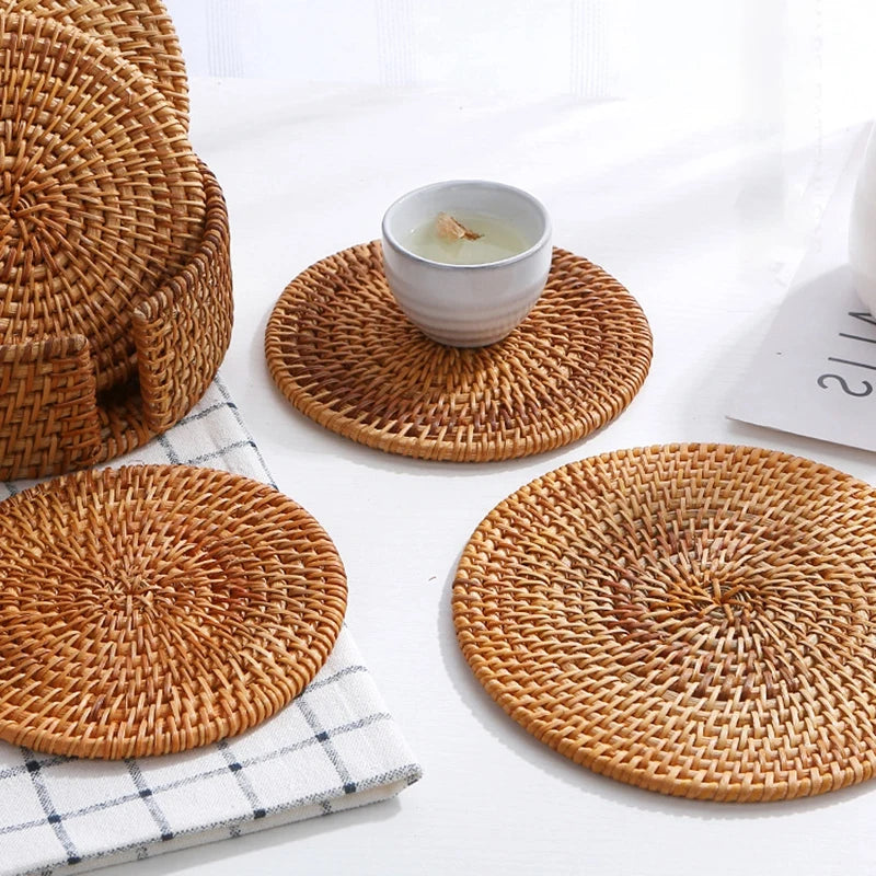 Rattan Table Mats Round  Placemat for Home Office Coffee Cup Pad Handmade Woven Insulation Heat Coasters  Dinner Table Decor