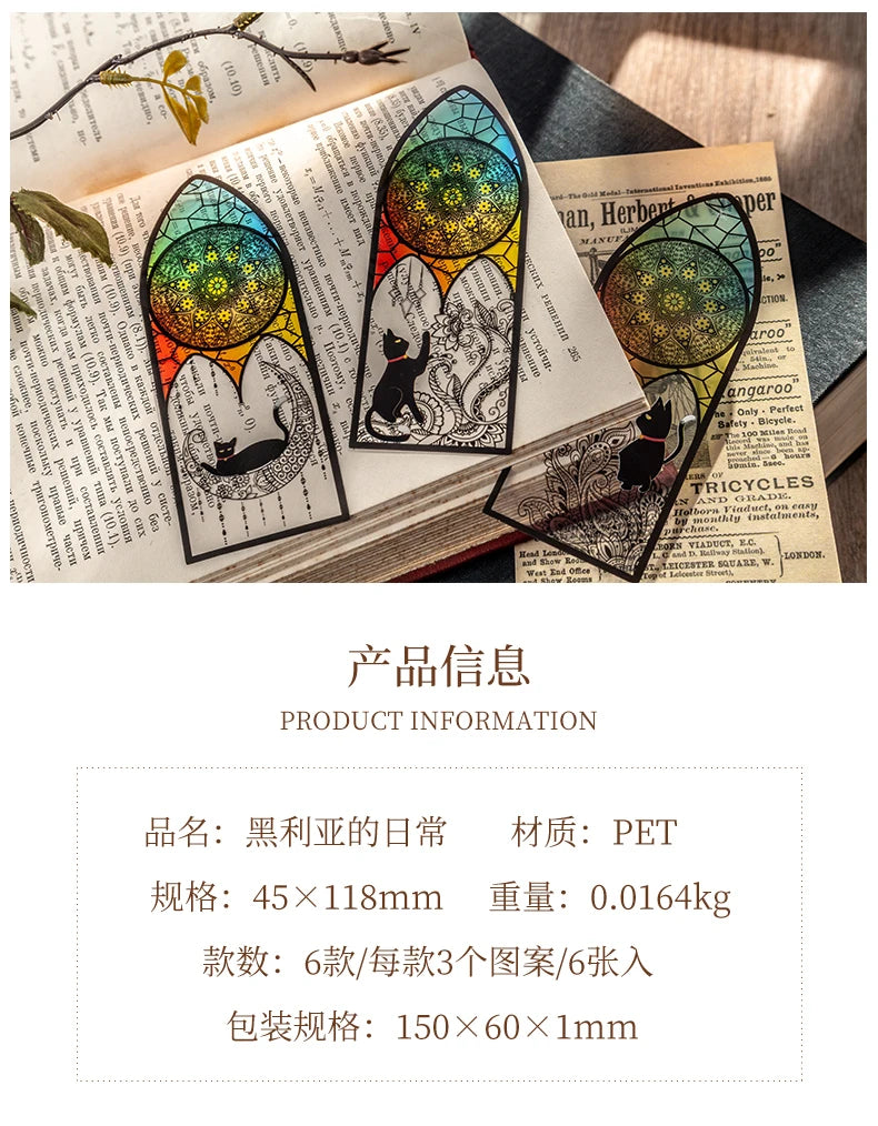 6-Piece Black Cat Bookmark Set – Matte PVC Retro Page Markers for Reading, Journaling & School Supplies