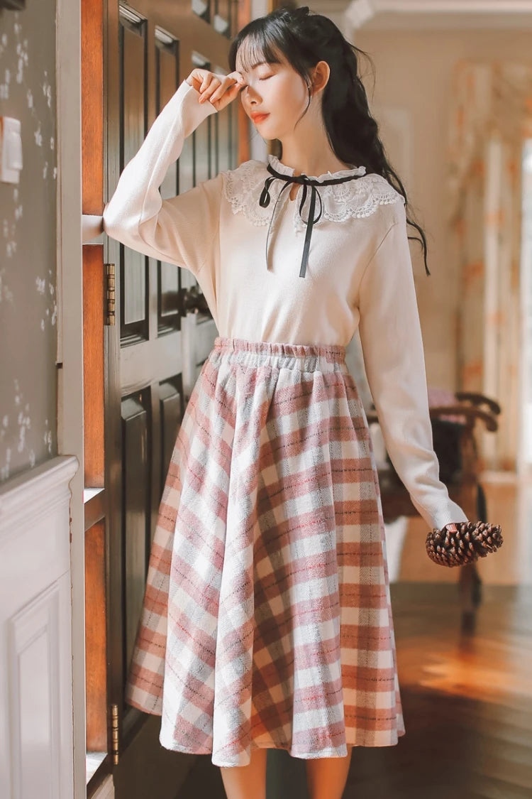 2025 Autumn Winter Elegant Women Skirts Vintage Plaid Woolen Woven High Quality High-waisted Vintage Sweet Female Skirt Woman