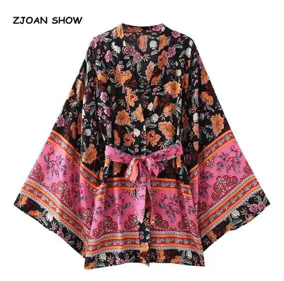 2022 BOHO Orange Flower Print Long Skirt Spliced Ruched Ruffle Hem Hippie Women Ball Tassel Bow Waist Swing Skirts Holiday