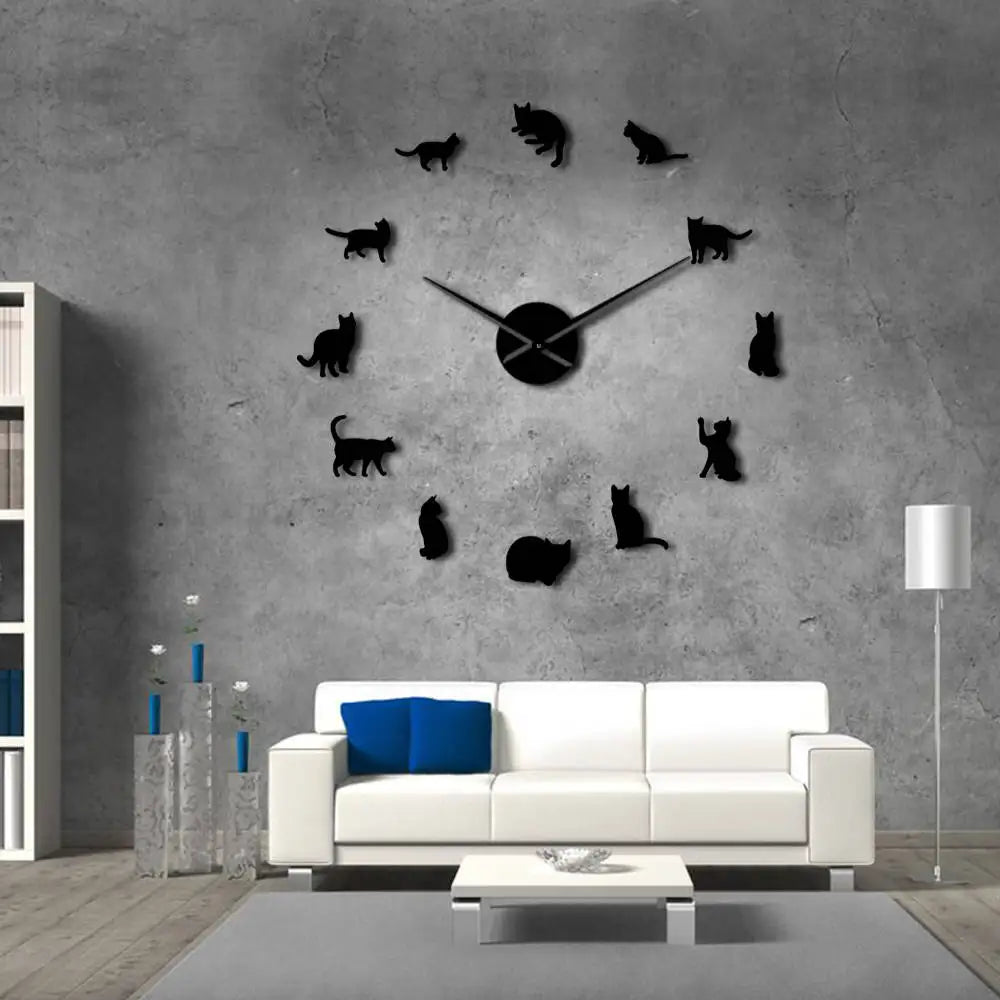 Silhouette Cats Wall Art Kittens DIY Giant Wall Clock Playful Cats Big Needle Kitty Girl Room Large Wall Watch Feline Fan Gift