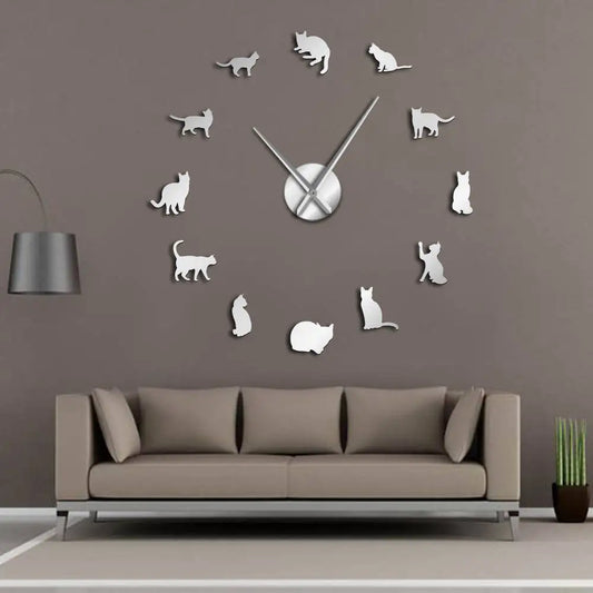 Silhouette Cats Wall Art Kittens DIY Giant Wall Clock Playful Cats Big Needle Kitty Girl Room Large Wall Watch Feline Fan Gift