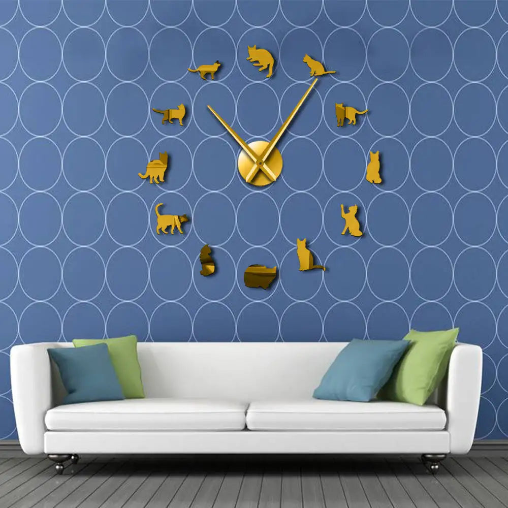 Silhouette Cats Wall Art Kittens DIY Giant Wall Clock Playful Cats Big Needle Kitty Girl Room Large Wall Watch Feline Fan Gift
