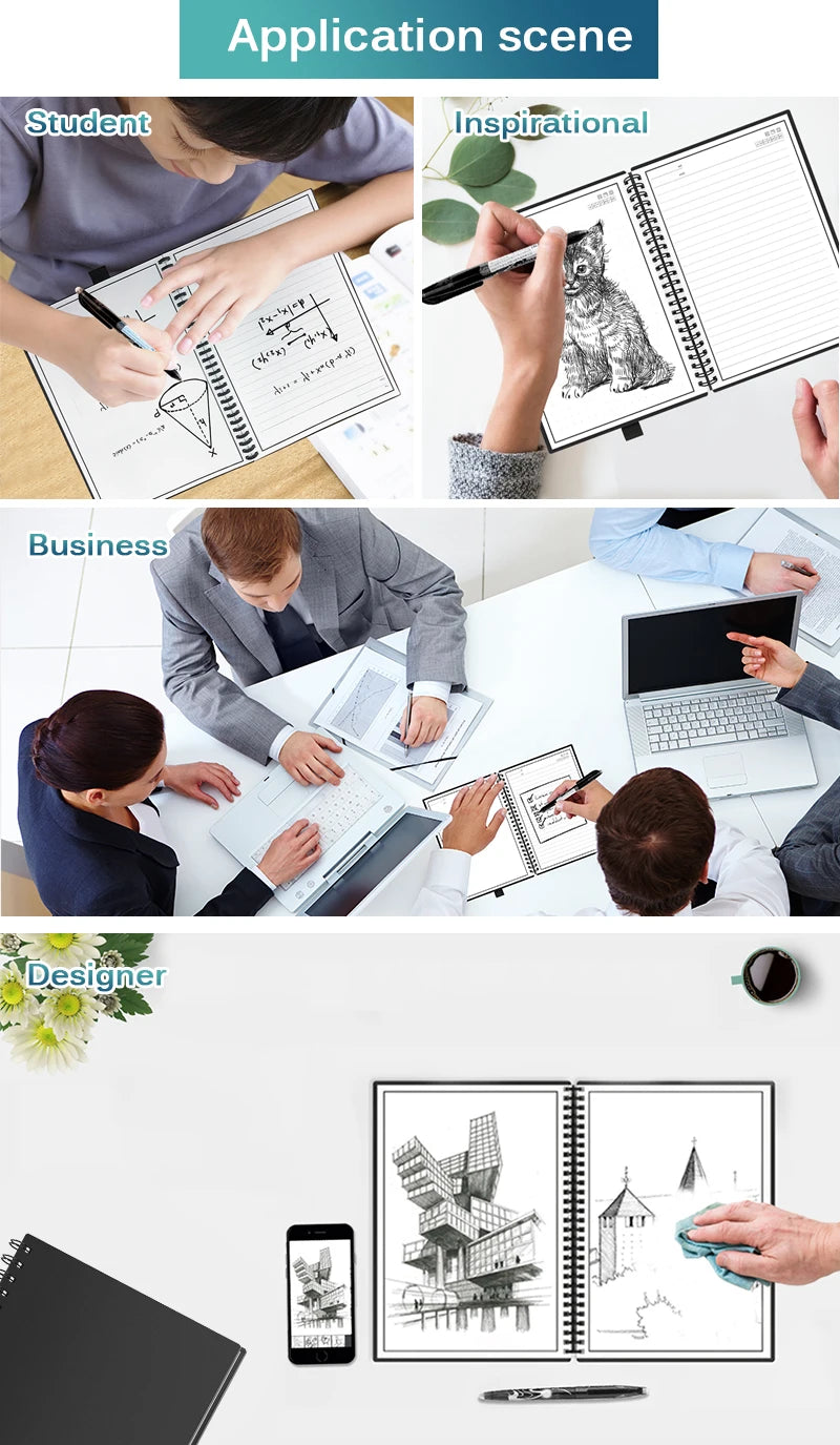 Smart Reusable Notebook – Erasable Lined Journal with Pen for School, Office & Creative Notes