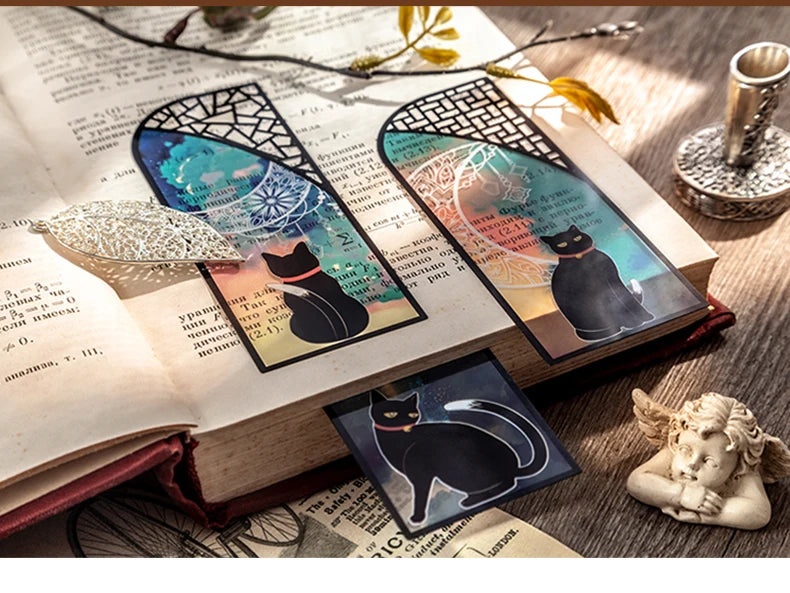 6-Piece Black Cat Bookmark Set – Matte PVC Retro Page Markers for Reading, Journaling & School Supplies