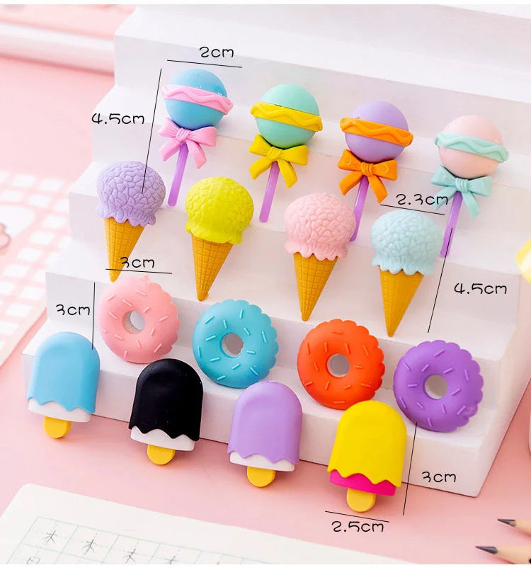 Kawaii Lollipop & Ice Cream Eraser Set – Sweet Cartoon Stationery for Kids, School & Office Supplies