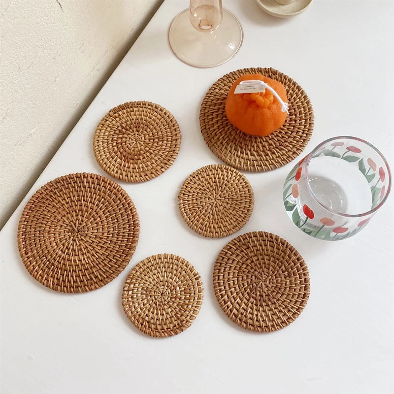 Rattan Table Mats Round  Placemat for Home Office Coffee Cup Pad Handmade Woven Insulation Heat Coasters  Dinner Table Decor