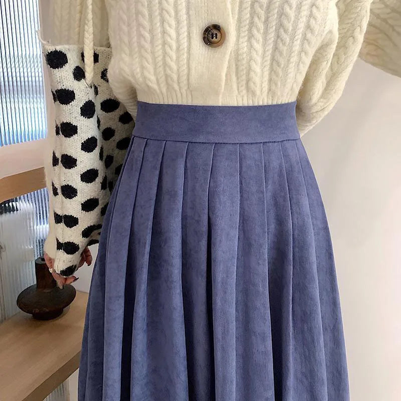 Xpqbb Korean Style Women's Midi Skirt 2025 Autumn High-Waisted Corduroy Long Skirt Women College Style Pleated A-Line Skirts