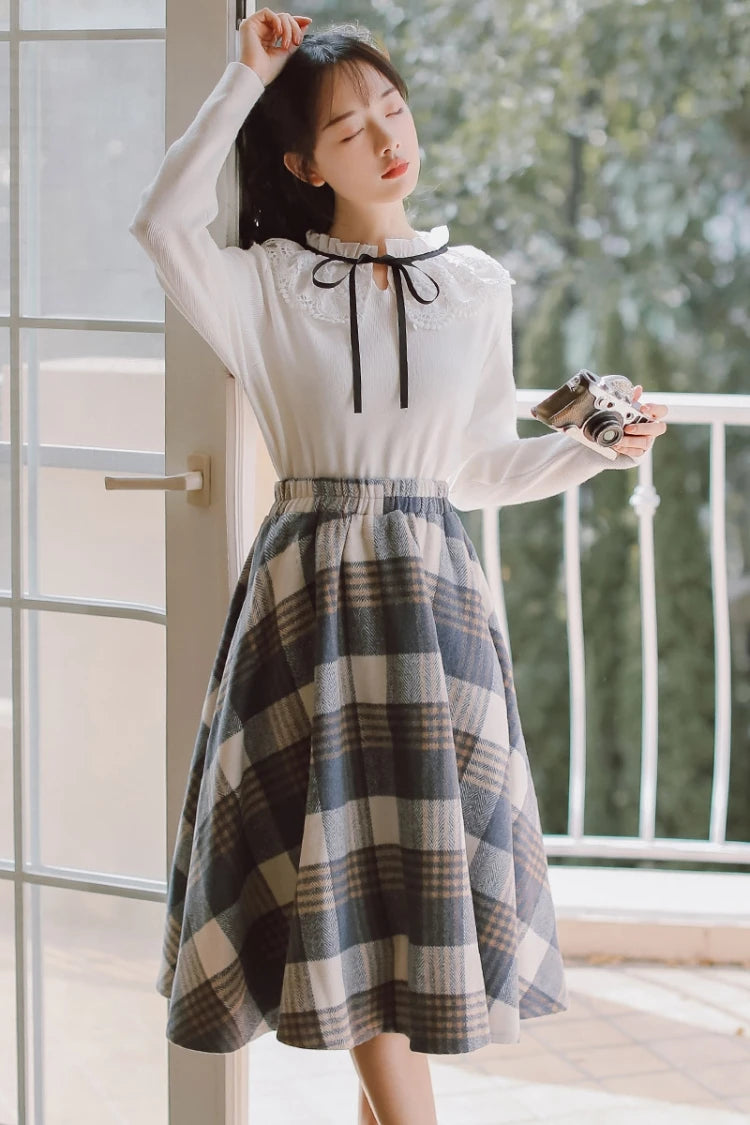 2025 Autumn Winter Elegant Women Skirts Vintage Plaid Woolen Woven High Quality High-waisted Vintage Sweet Female Skirt Woman