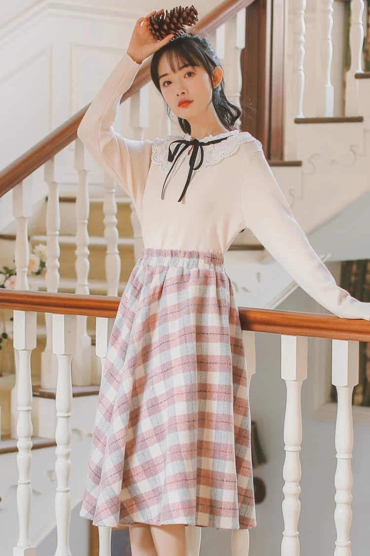 2025 Autumn Winter Elegant Women Skirts Vintage Plaid Woolen Woven High Quality High-waisted Vintage Sweet Female Skirt Woman