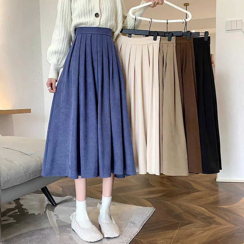 Xpqbb Korean Style Women's Midi Skirt 2025 Autumn High-Waisted Corduroy Long Skirt Women College Style Pleated A-Line Skirts