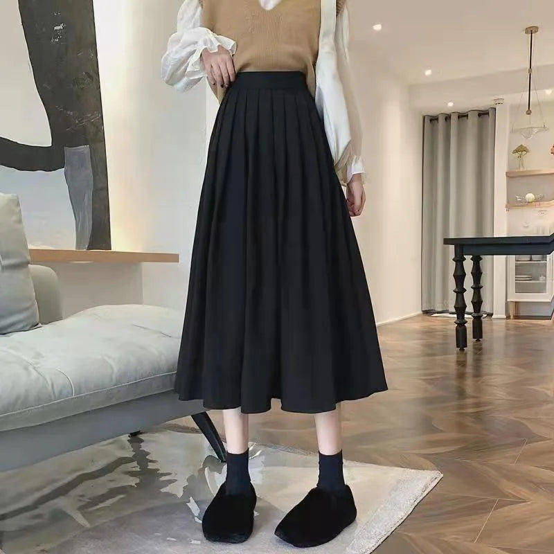 Xpqbb Korean Style Women's Midi Skirt 2025 Autumn High-Waisted Corduroy Long Skirt Women College Style Pleated A-Line Skirts