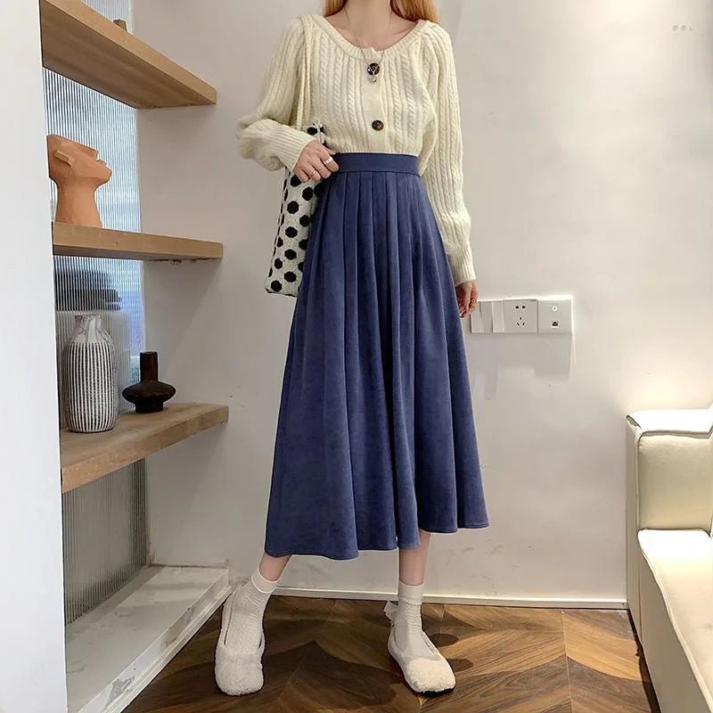 Xpqbb Korean Style Women's Midi Skirt 2025 Autumn High-Waisted Corduroy Long Skirt Women College Style Pleated A-Line Skirts