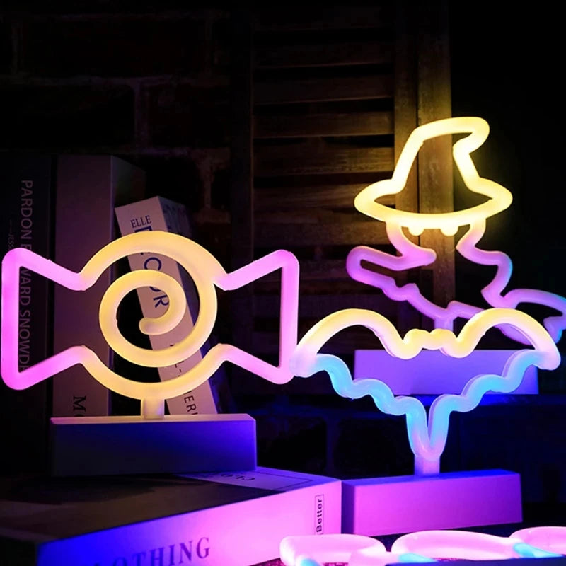 Halloween Decoration Neon Lights Witch Hat Candy Ghost Party Lamp for Bedroom Bar Coffee Decor Lighting Skull Baby Night Light