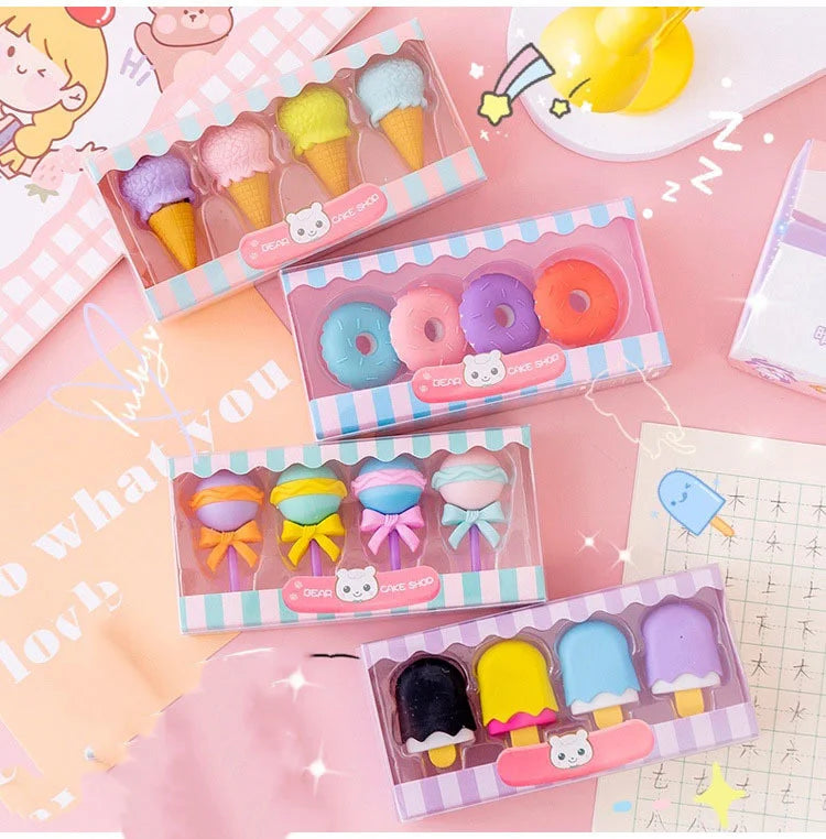 Kawaii Lollipop & Ice Cream Eraser Set – Sweet Cartoon Stationery for Kids, School & Office Supplies