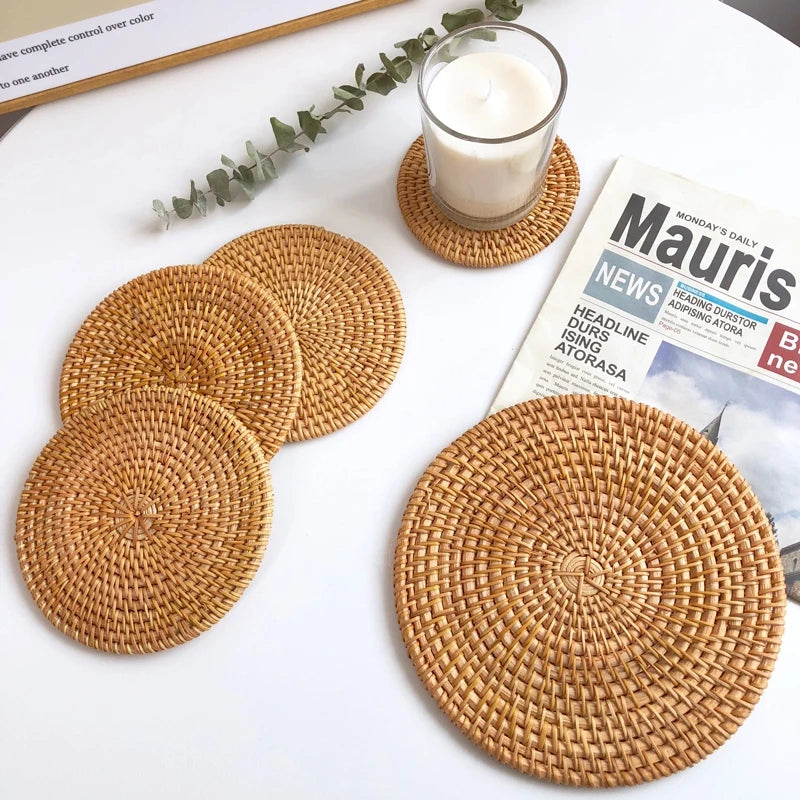 Rattan Table Mats Round  Placemat for Home Office Coffee Cup Pad Handmade Woven Insulation Heat Coasters  Dinner Table Decor