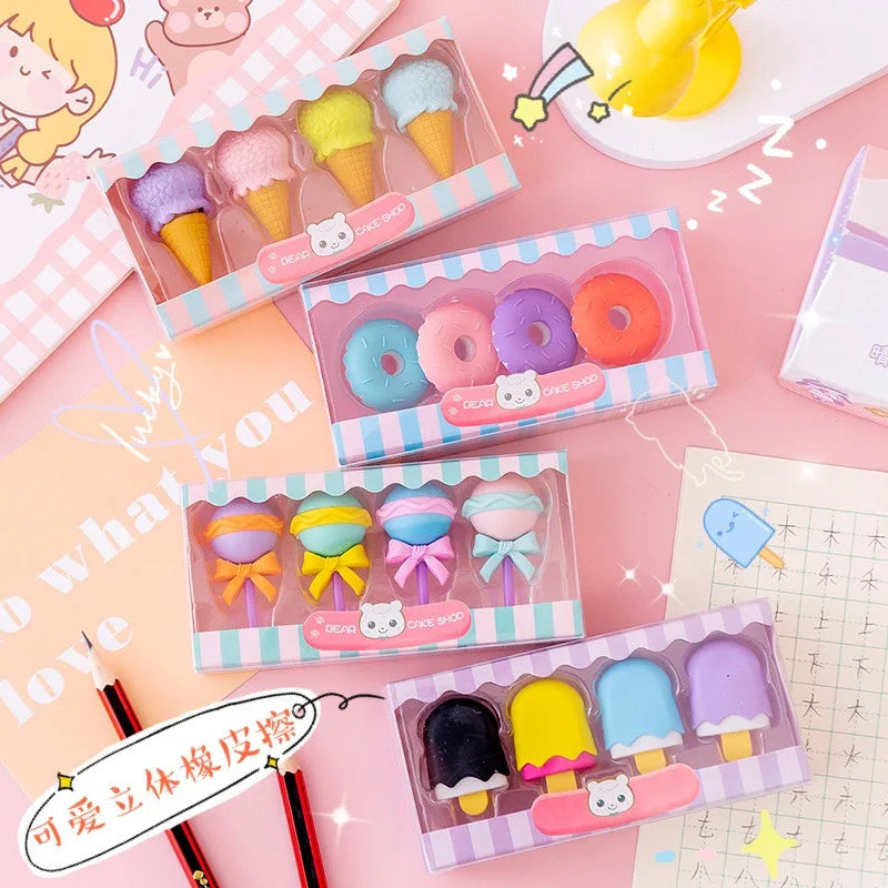 Kawaii Lollipop & Ice Cream Eraser Set – Sweet Cartoon Stationery for Kids, School & Office Supplies