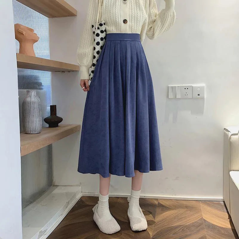 Xpqbb Korean Style Women's Midi Skirt 2025 Autumn High-Waisted Corduroy Long Skirt Women College Style Pleated A-Line Skirts