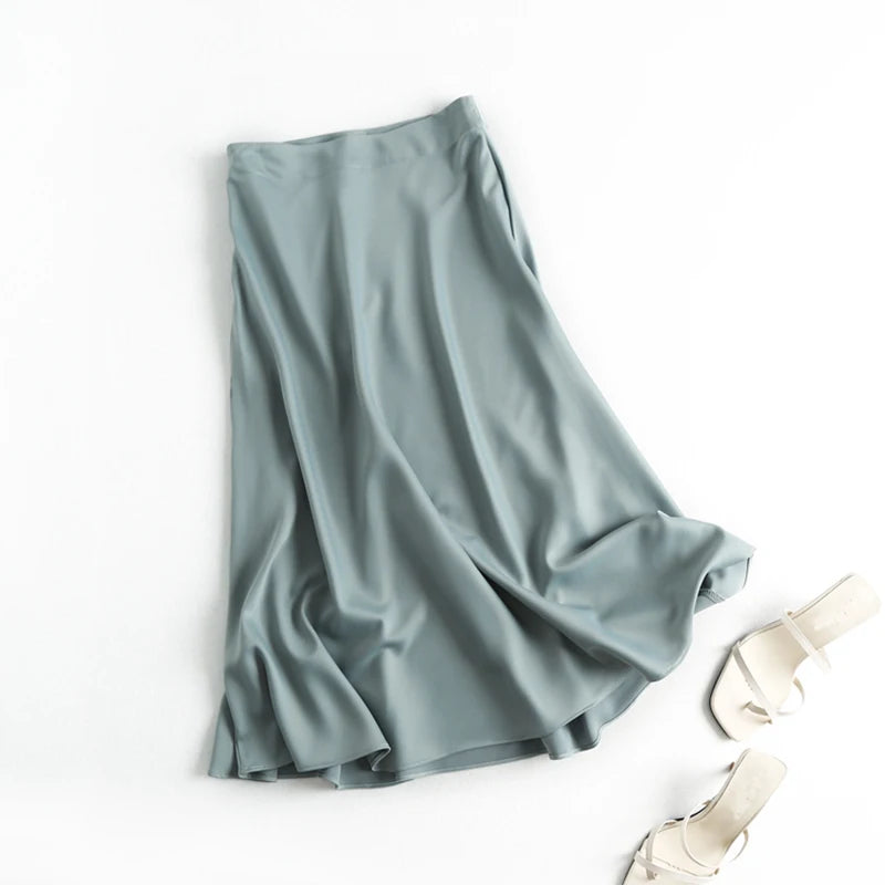 Summer Faldas Mujer Moda 2025 Midi Skirts Womens England Office Lady Satin High Waist Simple Elegant Long Skirt Women