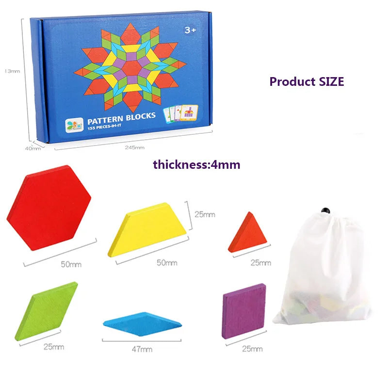 155 Pcs Wooden Pattern Blocks Set Geometric Shape Puzzle Kindergarten Classic Educational Montessori Tangram Toys for Kids
